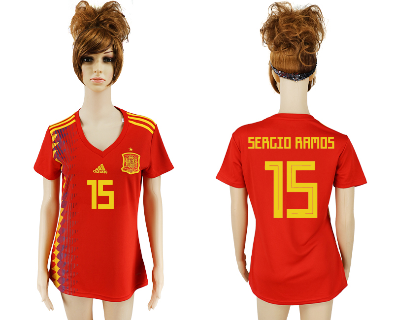 Maillot de femmes par cher Spain #15 SERGIO RAMOS  2018 FIFA Wor